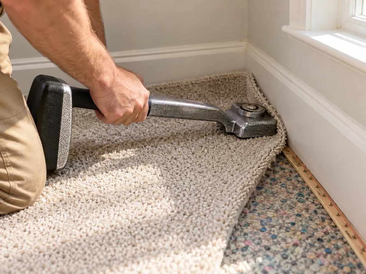 Carpet pushed onto the tack strip with a knee kicker