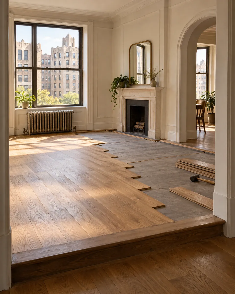 A prewar Bronx apartment living room part way through a new floor
