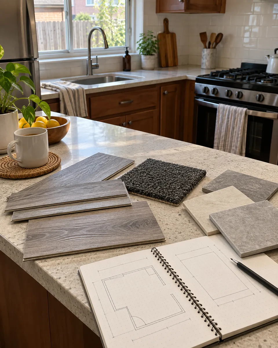 Flooring samples and room measurements on a kitchen counter