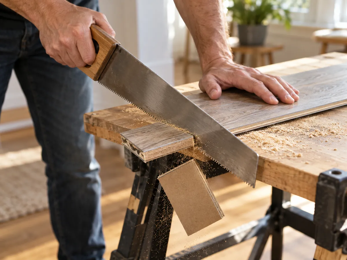 A laminate board being cut to length on a small bench