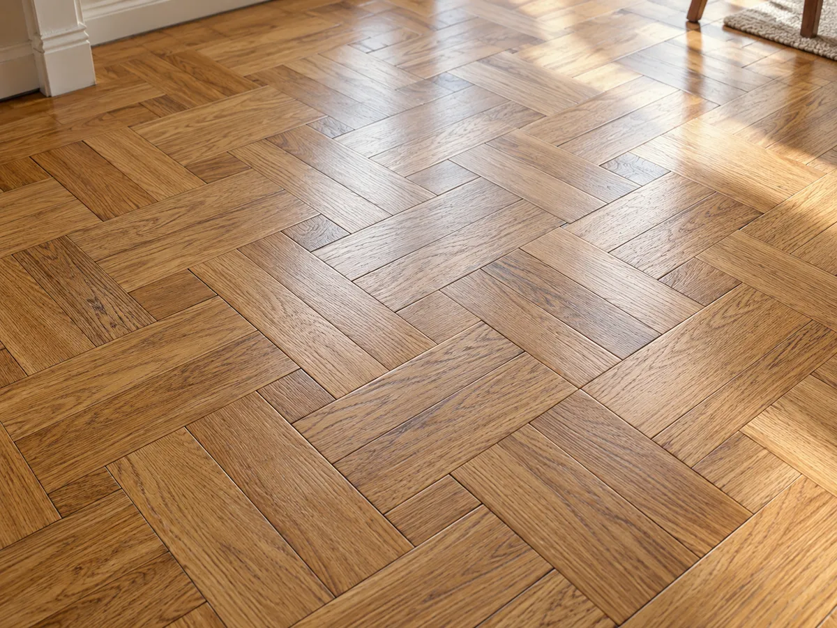 An oak parquet floor in a herringbone pattern with a fresh satin finish